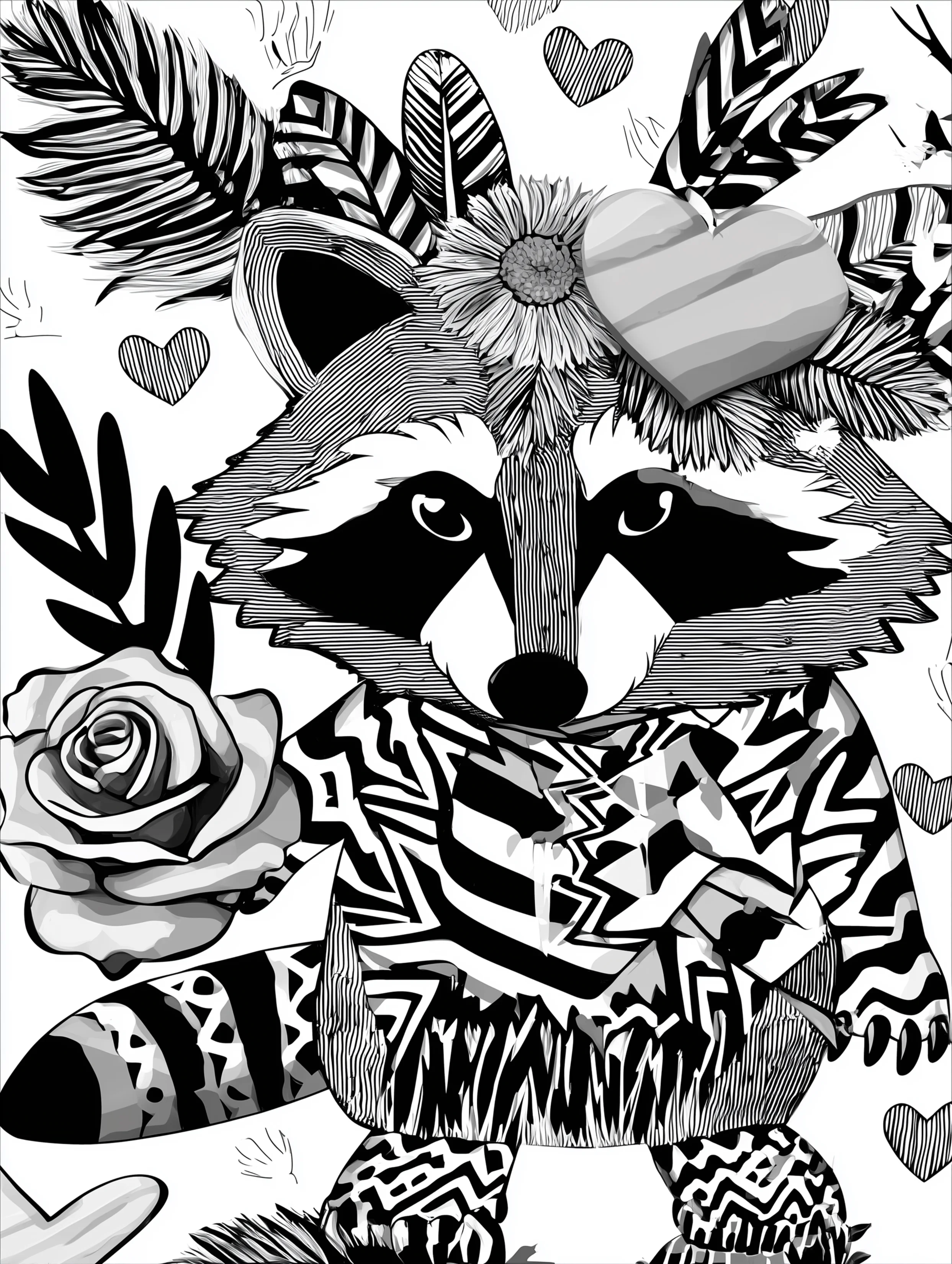 Free printable zoo coloring sheet featuring a raccoon holding a flower